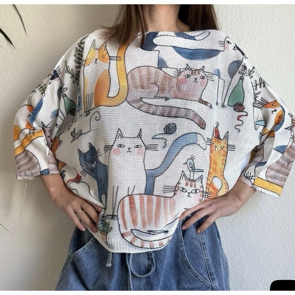 Cat Women Sweater L Hipster Kitty Collage Halloween Fall Retro Ragdoll Oversized
